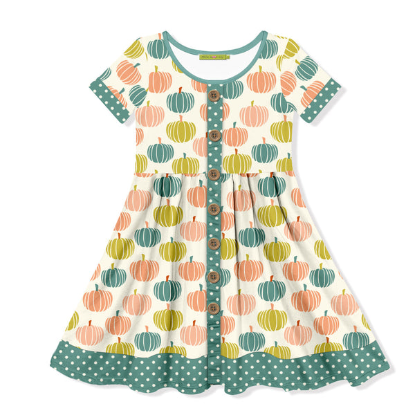 Kids Cream & Coral Pumpkin Button-Up A-Line Dress