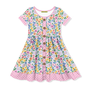 Kids Pink Spring Bouquet  Button-Up A-Line Dress