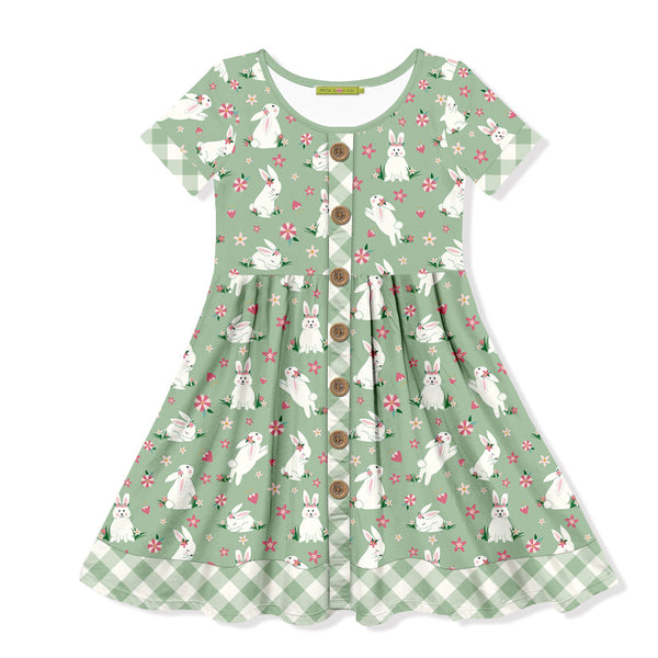 Kids Sage Bunny Hop  Button-Up A-Line Dress