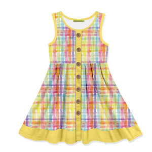 Kids Yellow Painted Plaid Button-Up Sleeveless Dress