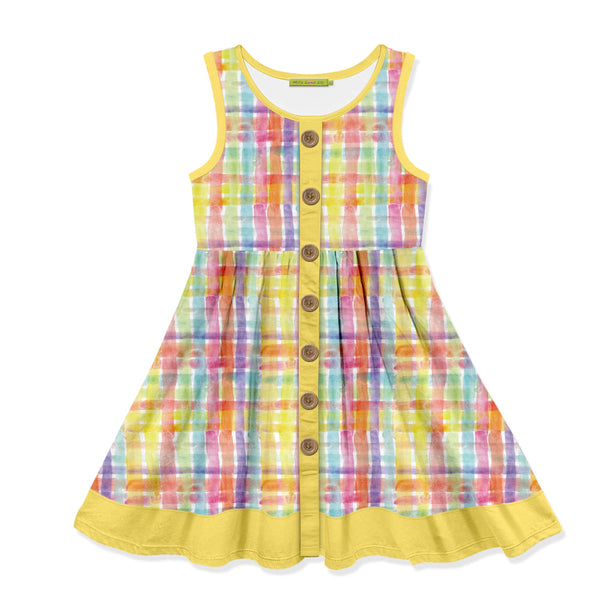 Kids Yellow Painted Plaid Button-Up Sleeveless Dress