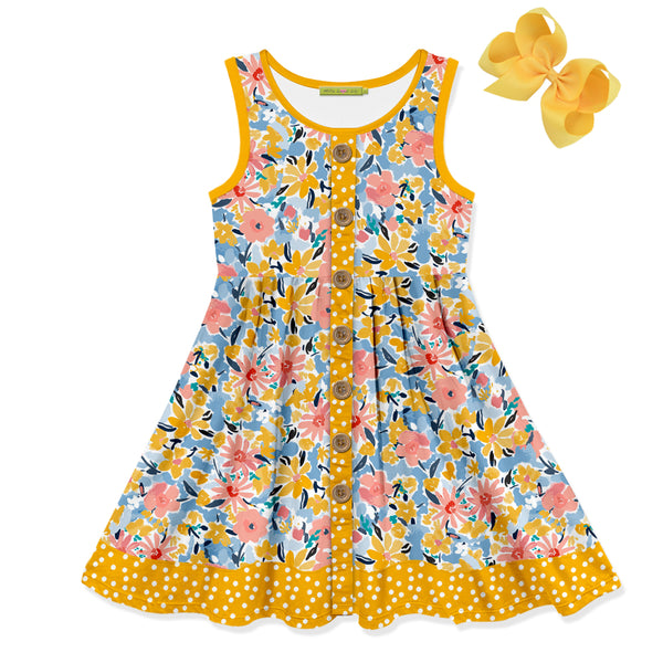 2-PC Marigold Floral Filagree Sleeveless Button-Front A-Line Dress & Hair Bow Set