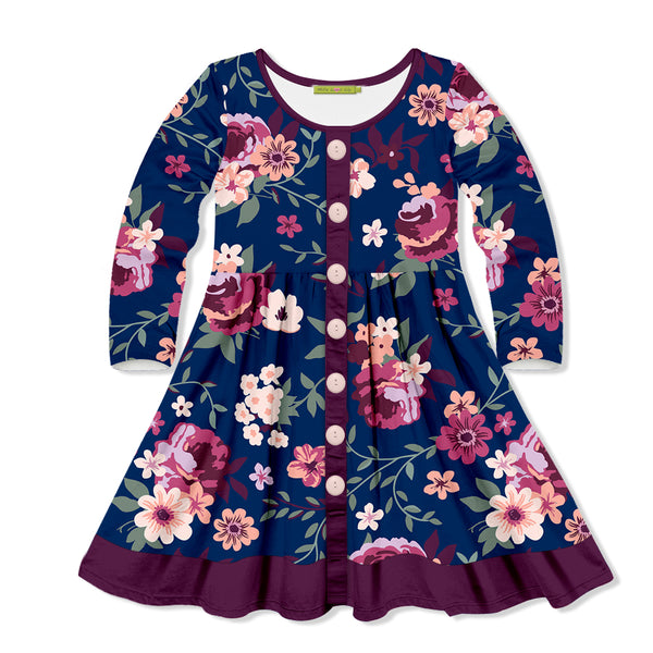 Navy Autumn Floral A-Line Dress