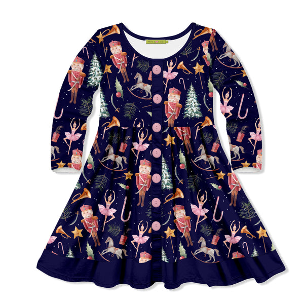 Millie Loves Lily Girls Navy Holiday Nutcracker Dress Long Sleeve