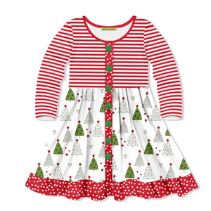 White & Red Christmas Tree Forest Long-Sleeve A-Line Dress