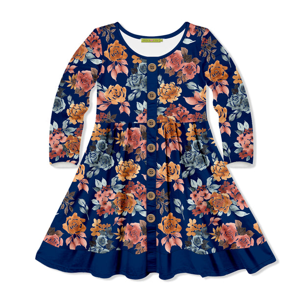 Navy Autumn Florals Button-Front A-Line Dress