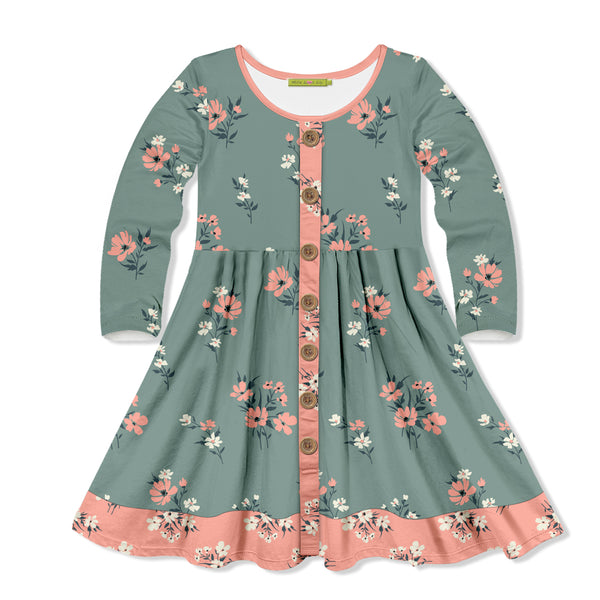 Slate Green Picadilly Florals Button-Up A-Line Dress