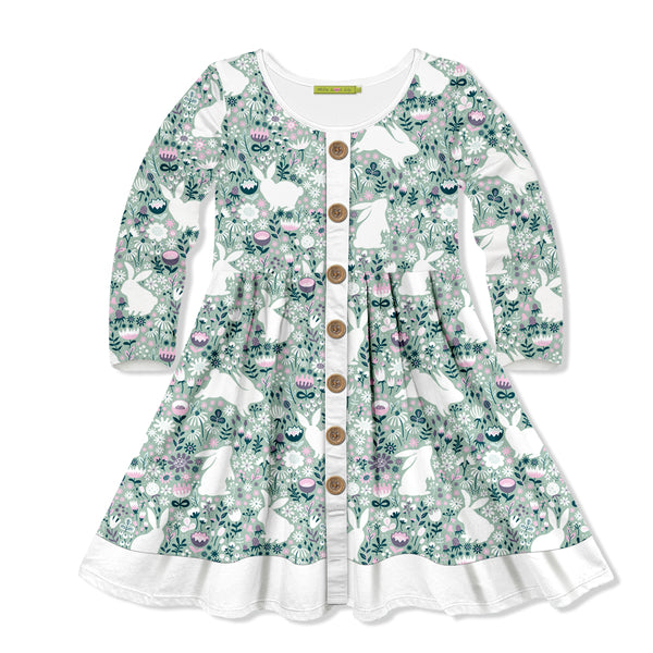 Sage Bunny Fields Button-Up A-Line Dress