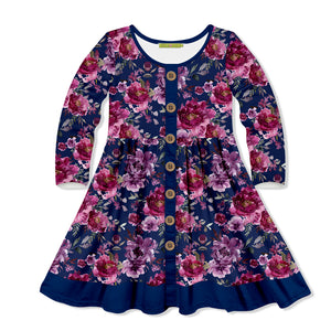 Millie Loves Lily Navy Floral Dress with Decorative Buttons and Contrast Banding