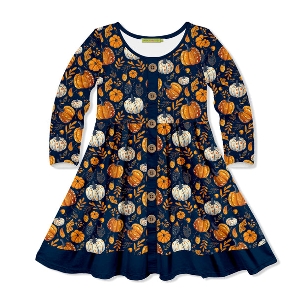 Navy Happy Pumpkins Button-Front A-Line Dress