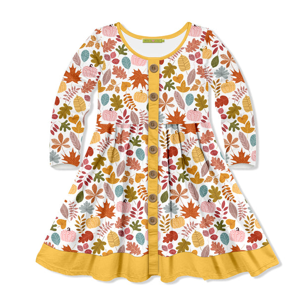 Kids Yellow Leaves Button-Front A-Line Dress