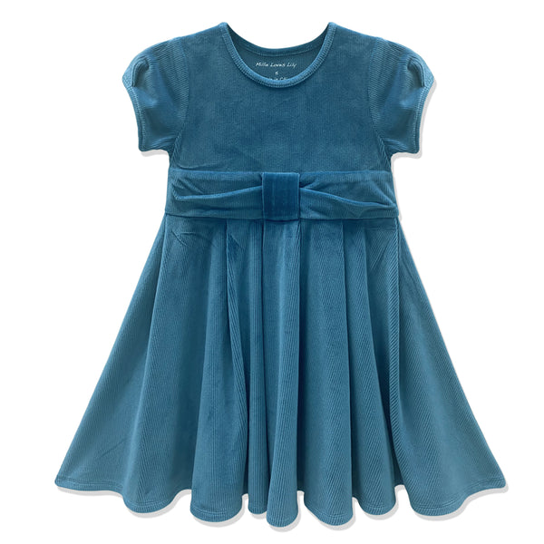 Millie Loves Lily Girls' Teal Rib Velour Short Sleeve Dress With Bow Waistband