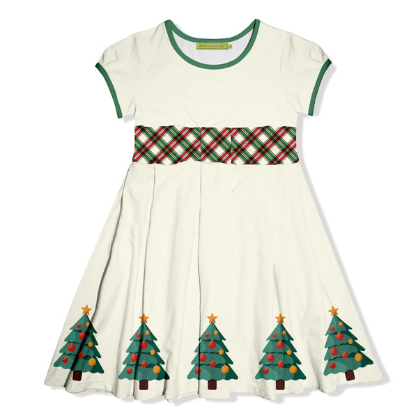 Kids Cream Christmas Tree Border Bow-Accent Dress
