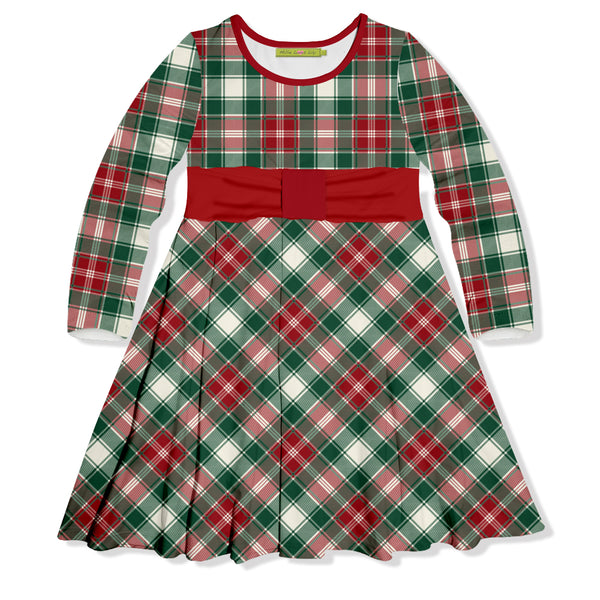 Red Christmas Plaid Bow-Accent A-Line Dress