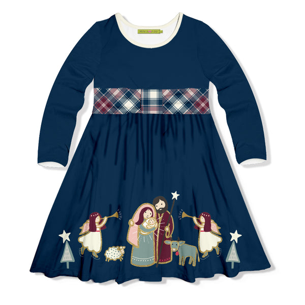 Navy & Burgundy Nativity Bow-Accent A-Line Dress