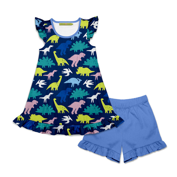 Dino Block Top & Marina Blue Ruffle-Hem Shorts