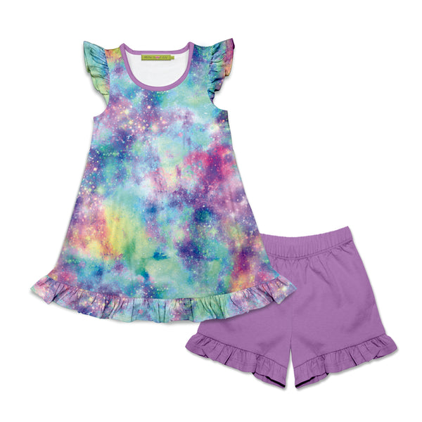 Solar System Tie-Dye Top & Purple Ruffle Hem Shorts