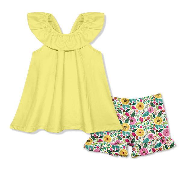Kids Bright Yellow Ruffle Yoke Top & Flowering Shorts