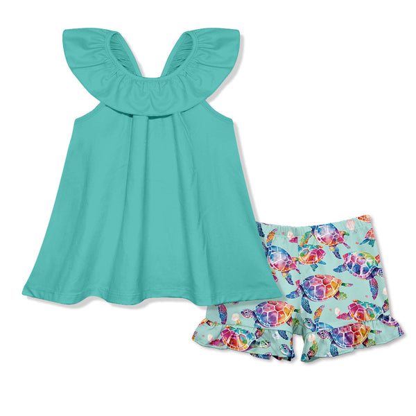 Kids Green Ruffle Yoke Top & Tie-Dye Turtles Shorts