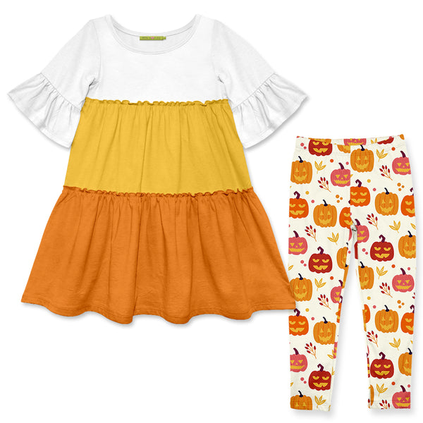 Orange Trumpet-Sleeve Tiered A-Line Dress & Pumpkins Leggings