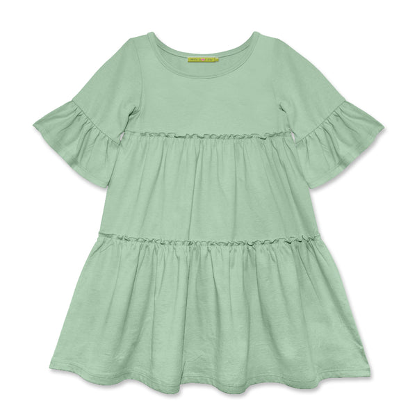 Cotton Trumpet-Sleeve Tiered Dress