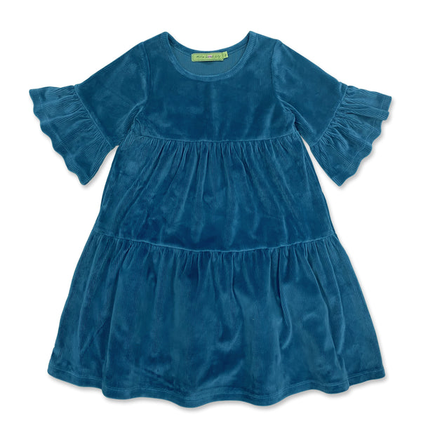 Midnight Velour Trumpet-Sleeve Tiered A-Line Dress