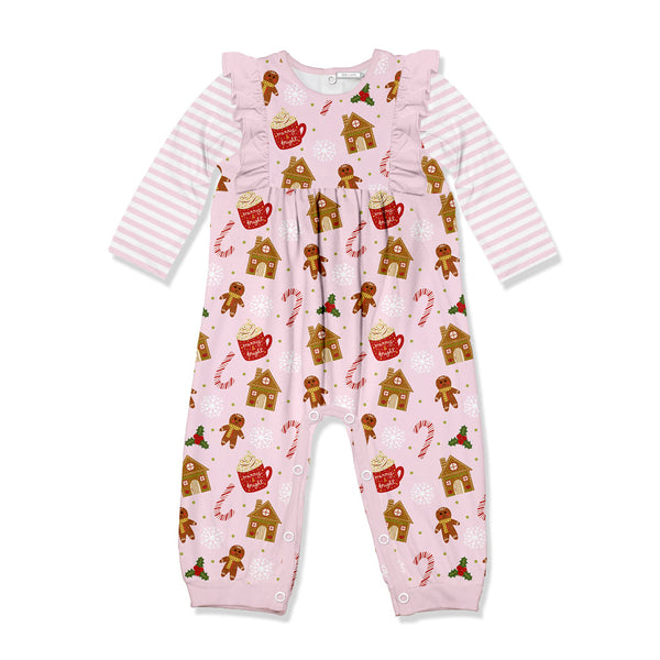 Kids Pink Gingerbread Ruffle Trim Playsuit
