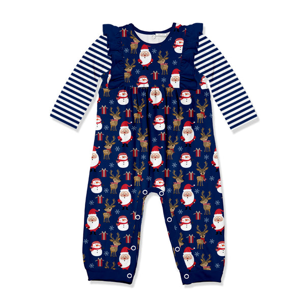Kids Navy Santa Deer Ruffle Trim Playsuit