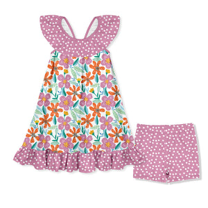 Kids Violet Flower Ruffle-Hem Yoke Dress & Shorts