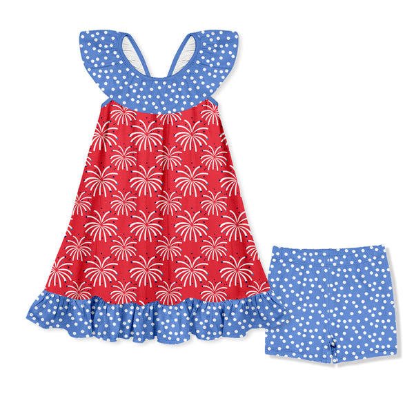 Kids Red Fireworks Ruffle-Hem Yoke Dress & Shorts