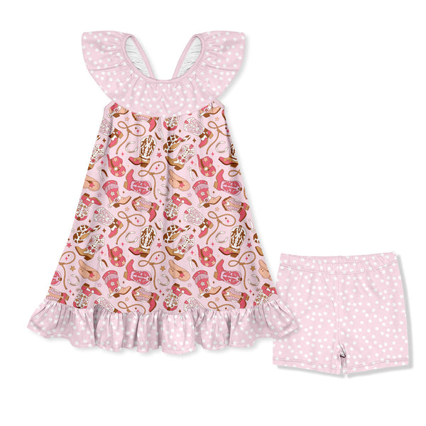 Kids Pink Howdy Ruffle-Hem Yoke Dress & Shorts