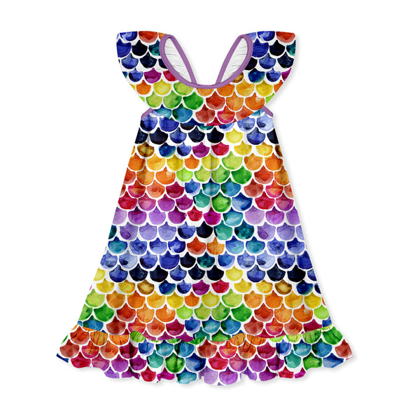 Purple Rainbow Mermaid Ruffle-Hem Yoke Dress