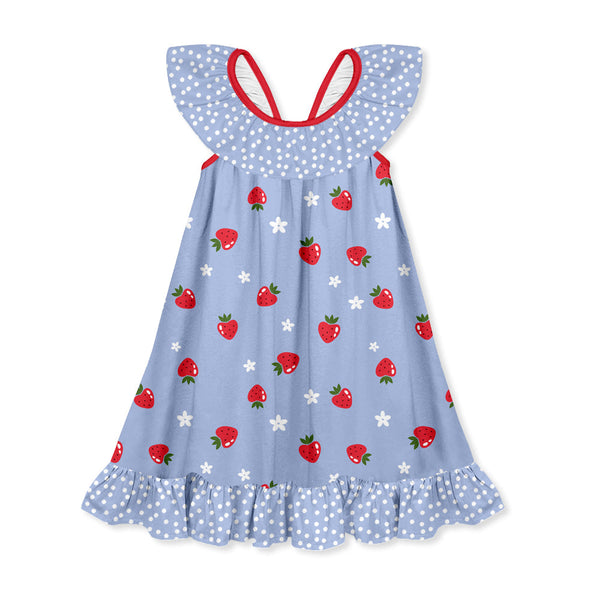 Kids Periwinkle Strawberries Ruffle-Hem Yoke Dress