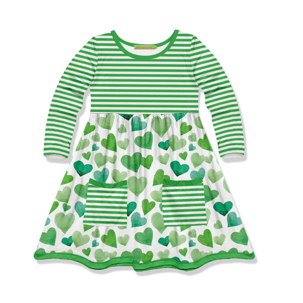 Green Stripe Heart Pocket A-Line Dress