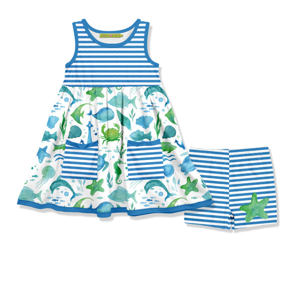 Blue Watercolor Sea Sleeveless Pocket A-Line Dress & Stripe Shorts