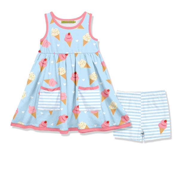 Ice Blue Ice Cream Cones Sleeveless Pocket A-Line Dress & Stripe Shorts