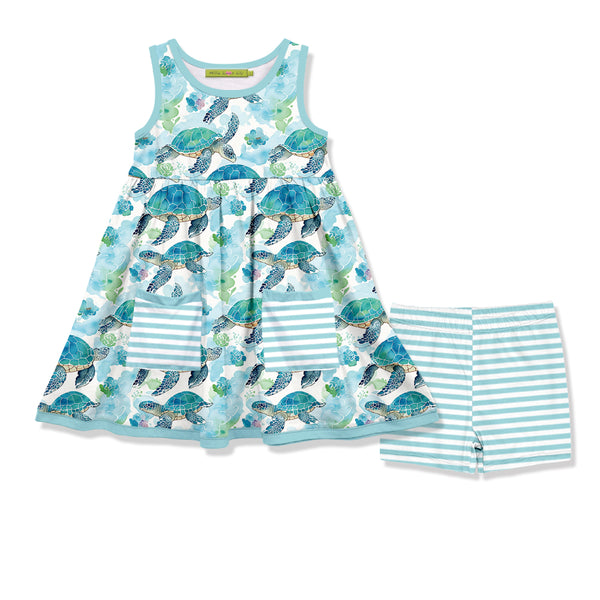 Mint Turtle Wonder Sleeveless Pocket A-Line Dress & Shorts