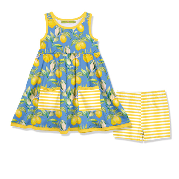 Blue Lemon Drop Sleeveless Pocket A-Line Dress & Stripe Shorts