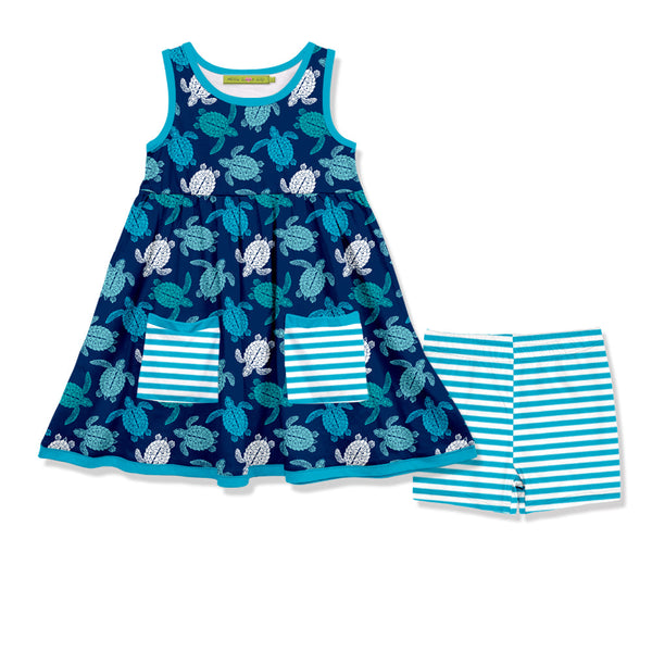 Blue Turtle Sleeveless Pocket A-Line Dress & Shorts