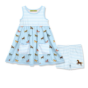 Kids Ice Blue Mini Horses Sleeveless Pocket A-Line Dress & Stripe Shorts