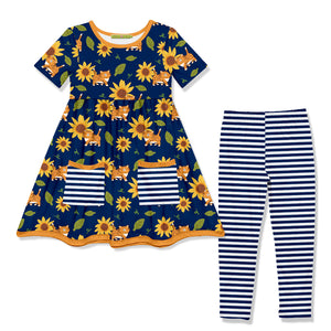 Navy Cats Sunflowers Pocket A-Line Dress & Stripe Leggings