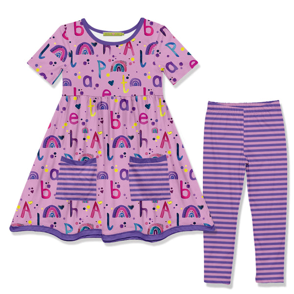 Violet Alphabet Pocket A-Line Dress & Stripe Leggings