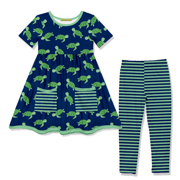 Navy Turtle Rock Pocket A-Line Dress & Stripe Leggings