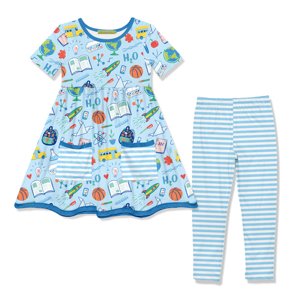 Ice Blue Science Pocket A-Line Dress & Stripe Leggings