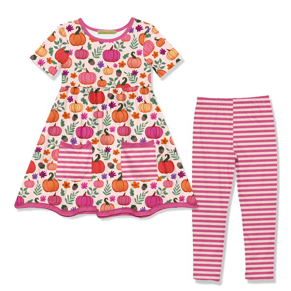 Pinky Pumpkins Pocket A-Line Dress & Stripe Leggings