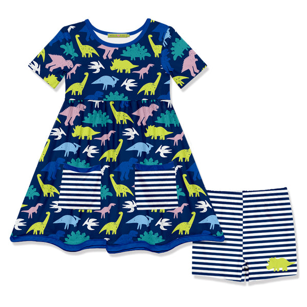 Navy Dino Block Patch Pocket Dress & Stripe Shorts