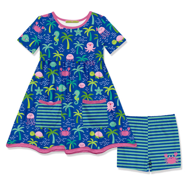 Blue Paradise Island Pocket A-Line Dress & Stripe Shorts