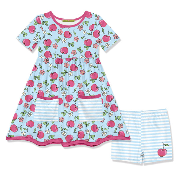 Ice Blue Cherries Pocket A-Line Dress & Stripe Shorts