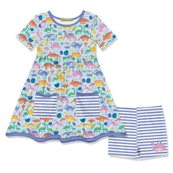 Ice Blue Dino Rama Pocket A-Line Dress & Stripe Shorts