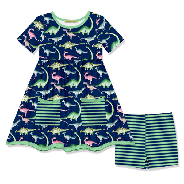 Navy & Green Dino Pocket A-Line Dress & Stripe Shorts